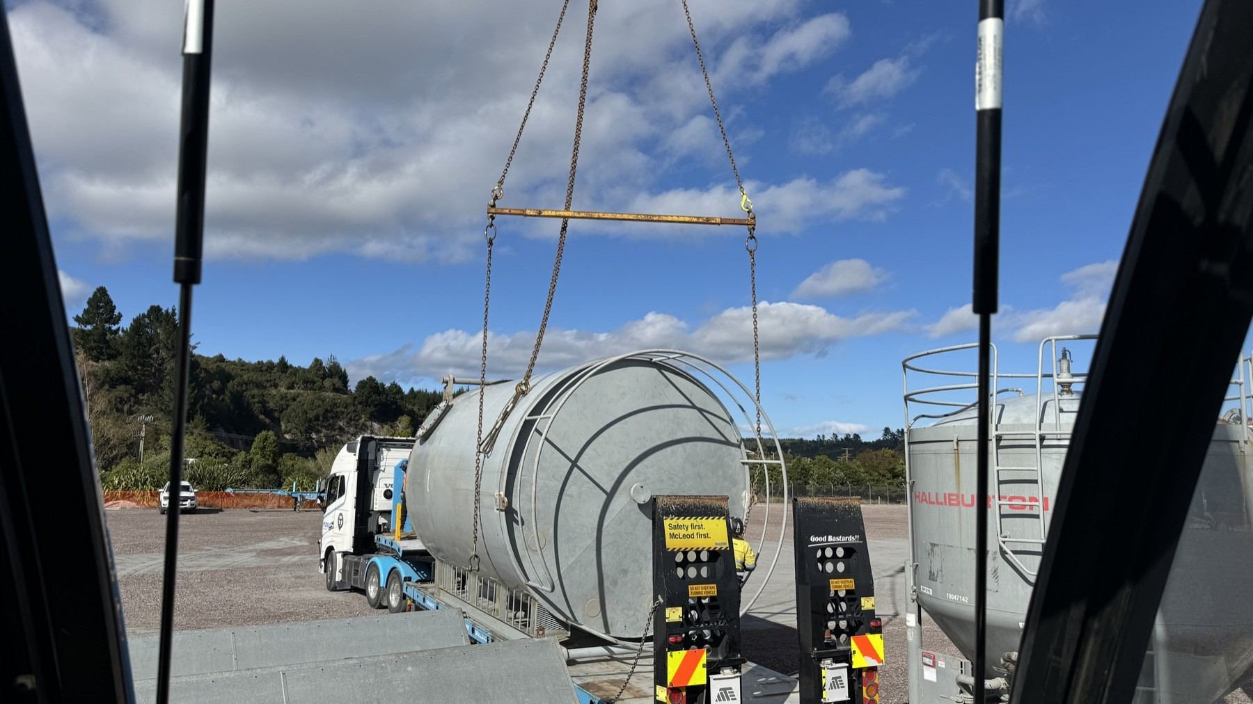 View from the crane cab during a tank lift